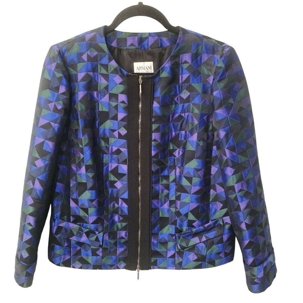 Armani Collezioni Womens Blue Purple Geometric Zip Jacket Size 8 PMG11T PM108